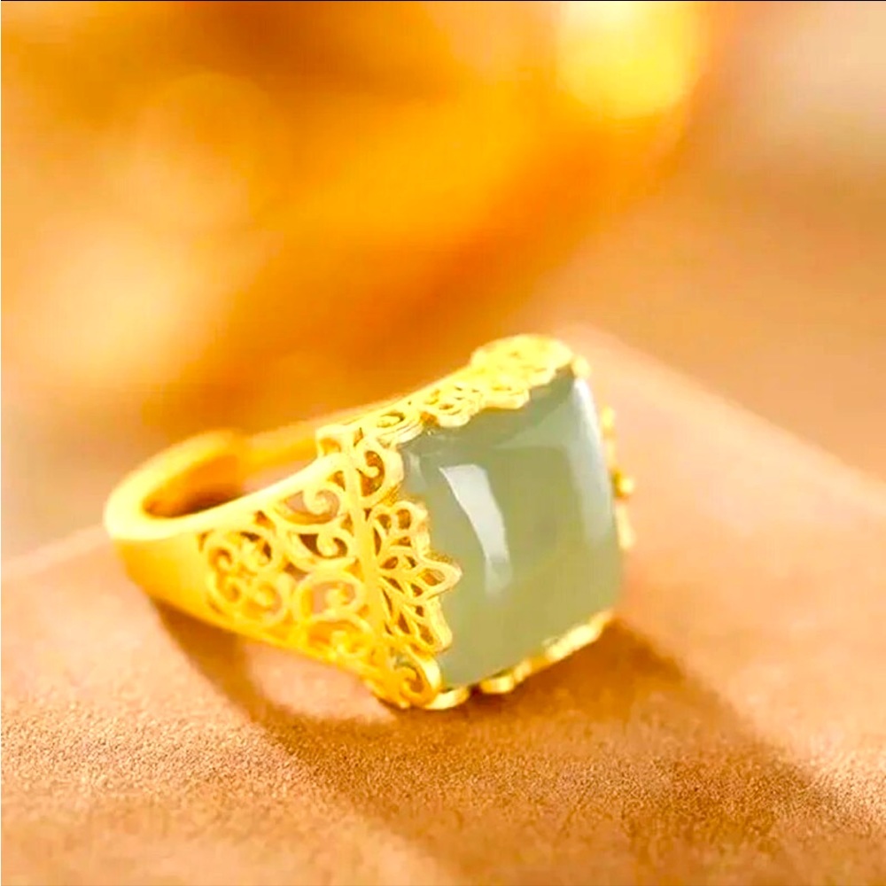 Natural Hetian chalcedony hollow opening adjustable ring Chinese retro style.